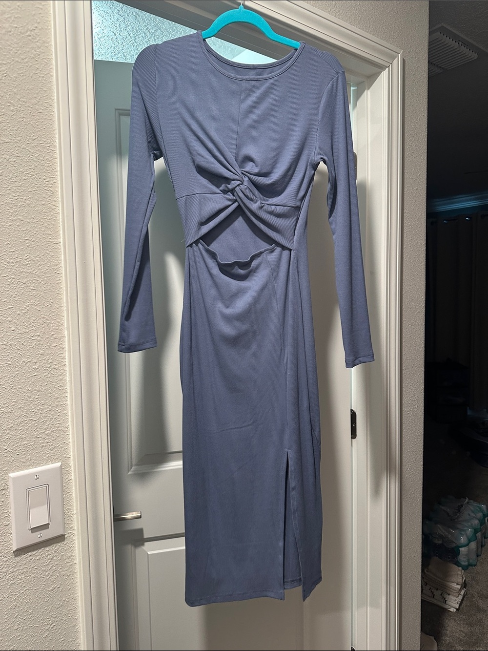 NWOT Long Sleeve Twist Front Midi Dress in Slate Blue